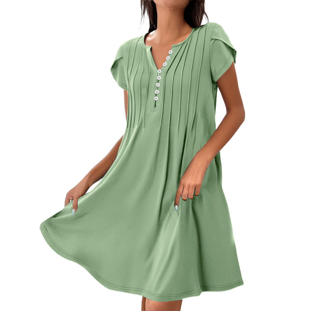 V-neck Solid Color Pullover Comfort And Casual Button Dress