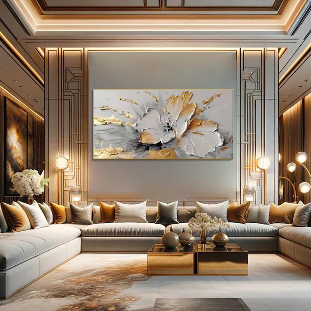 Handmade Oil Painting Canvas Wall Art Decoration Modern Abstract Rich Golden-White Floral For Home Living Room Decor Rolled Frameless Unstretched Painting