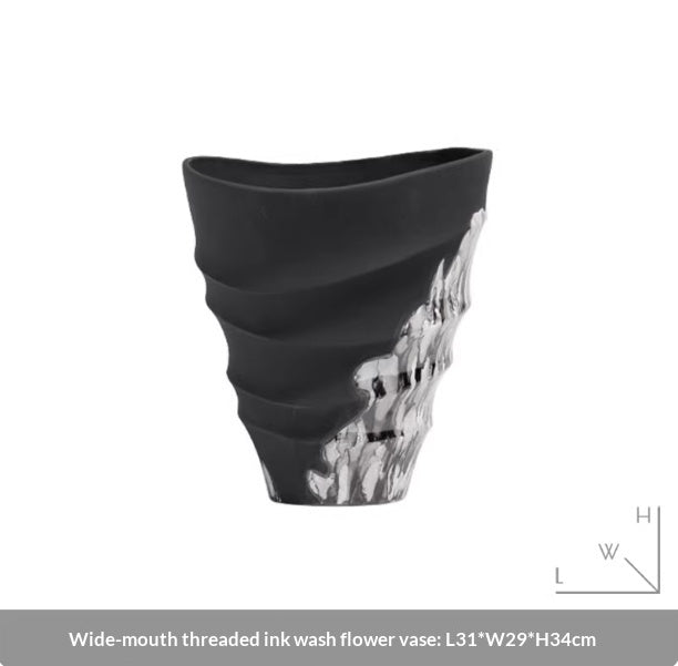 Decorative Vase With Ink-wash Elements And A Wide Mouth