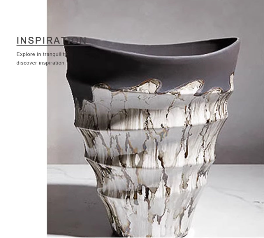 Decorative Vase With Ink-wash Elements And A Wide Mouth