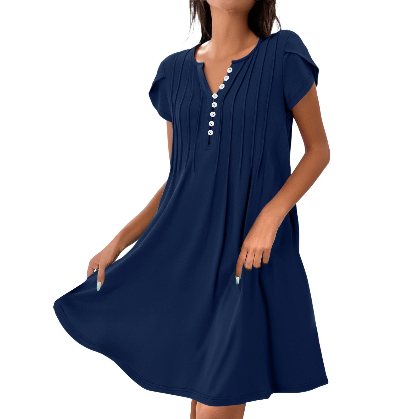 V-neck Solid Color Pullover Comfort And Casual Button Dress