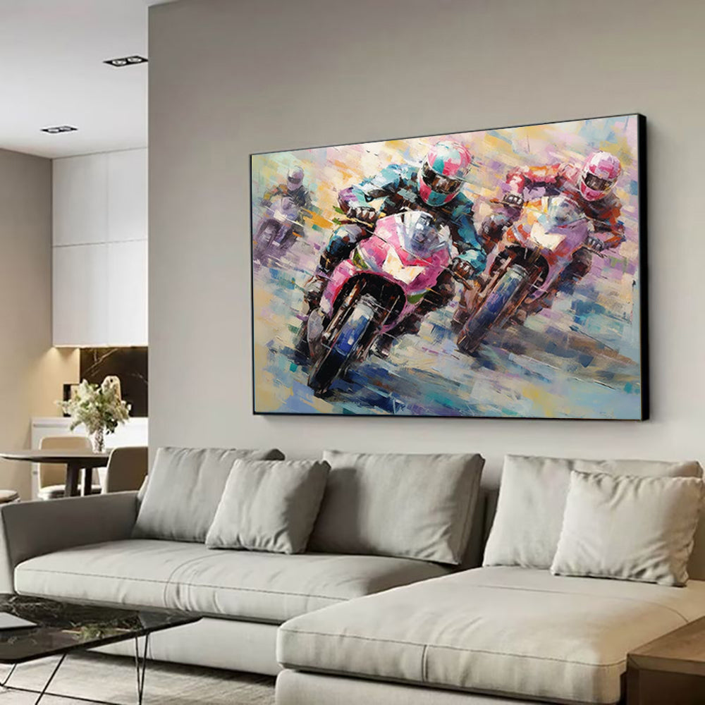 Handmade Oil Painting Canvas Wall Art Decoration Motorcycle Biker Sports Picture For Boy Girl Club Decoration Gifts Decor No Framed
