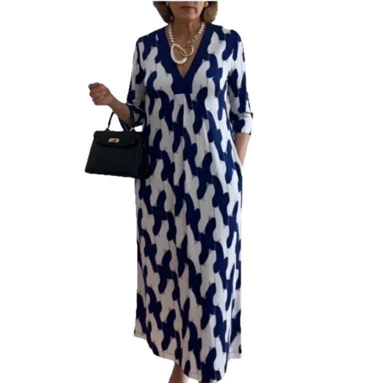 Womens V-neck Printed Dress Loose Fit For Comfort And Ease