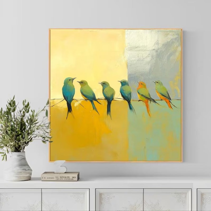 Hand-painted Abstract Oil Paintings Birds On A Silver Yellow Background  Modern Minimalist Animal Wall Art In The Living Room Entryway Decor