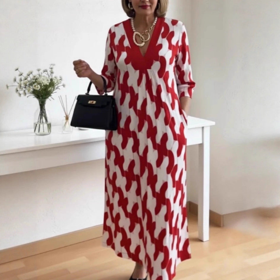 Womens V-neck Printed Dress Loose Fit For Comfort And Ease