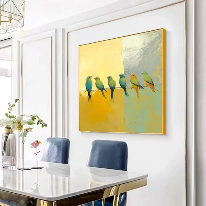 Hand-painted Abstract Oil Paintings Birds On A Silver Yellow Background  Modern Minimalist Animal Wall Art In The Living Room Entryway Decor