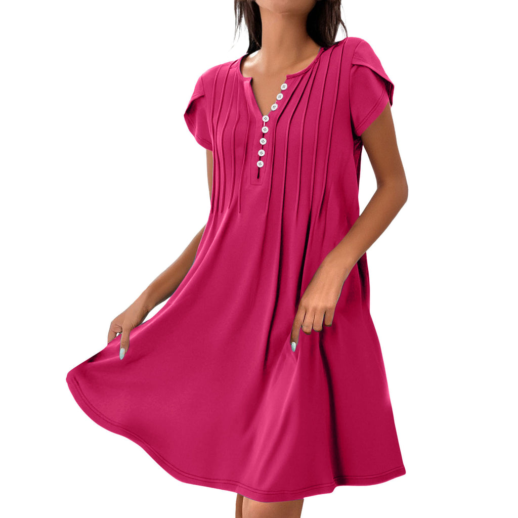 V-neck Solid Color Pullover Comfort And Casual Button Dress