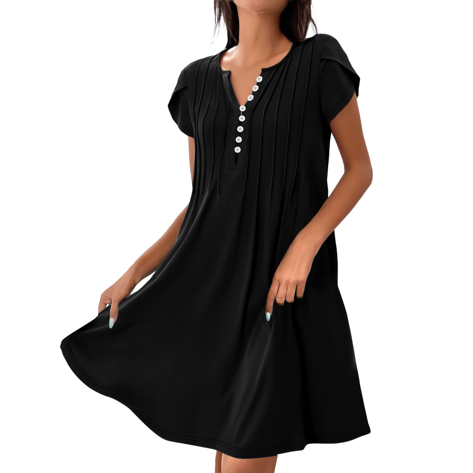 V-neck Solid Color Pullover Comfort And Casual Button Dress