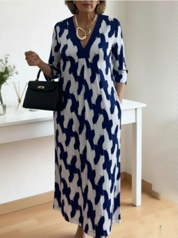 Womens V-neck Printed Dress Loose Fit For Comfort And Ease