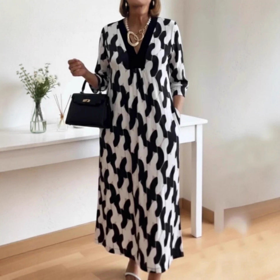 Womens V-neck Printed Dress Loose Fit For Comfort And Ease