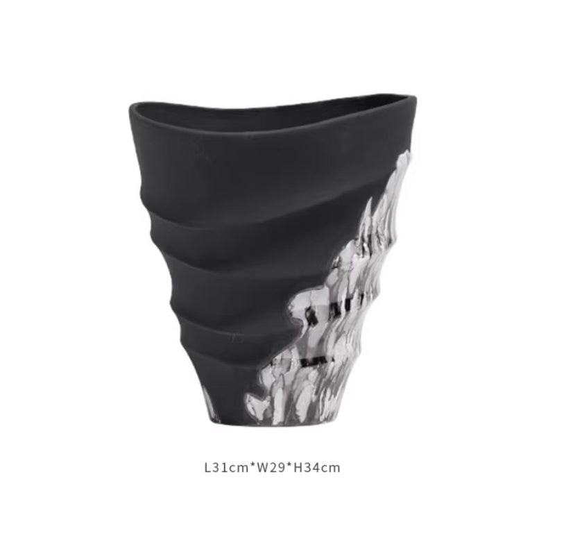 Decorative Vase With Ink-wash Elements And A Wide Mouth
