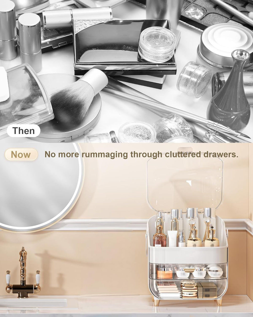 Makeup Organizer With Skincare Holder - Acrylic Cosmetic Storage Box, 4 Colors - Vanity & Bathroom Counter Organizer - Perfect Teen Girl Gift