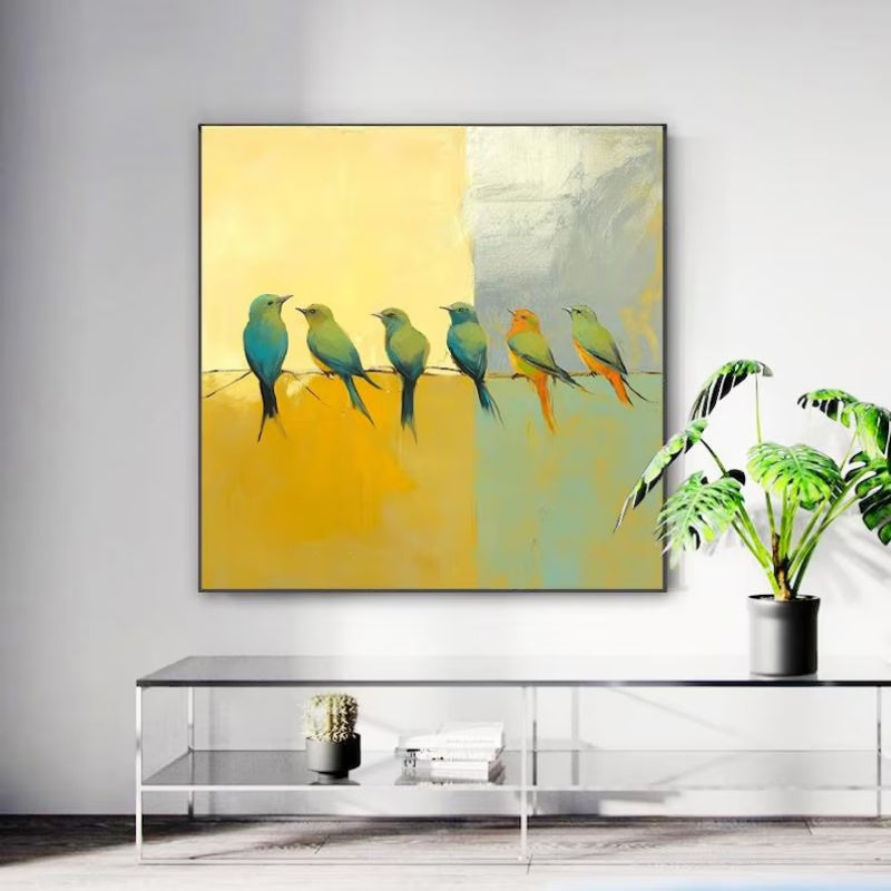 Hand-painted Abstract Oil Paintings Birds On A Silver Yellow Background  Modern Minimalist Animal Wall Art In The Living Room Entryway Decor