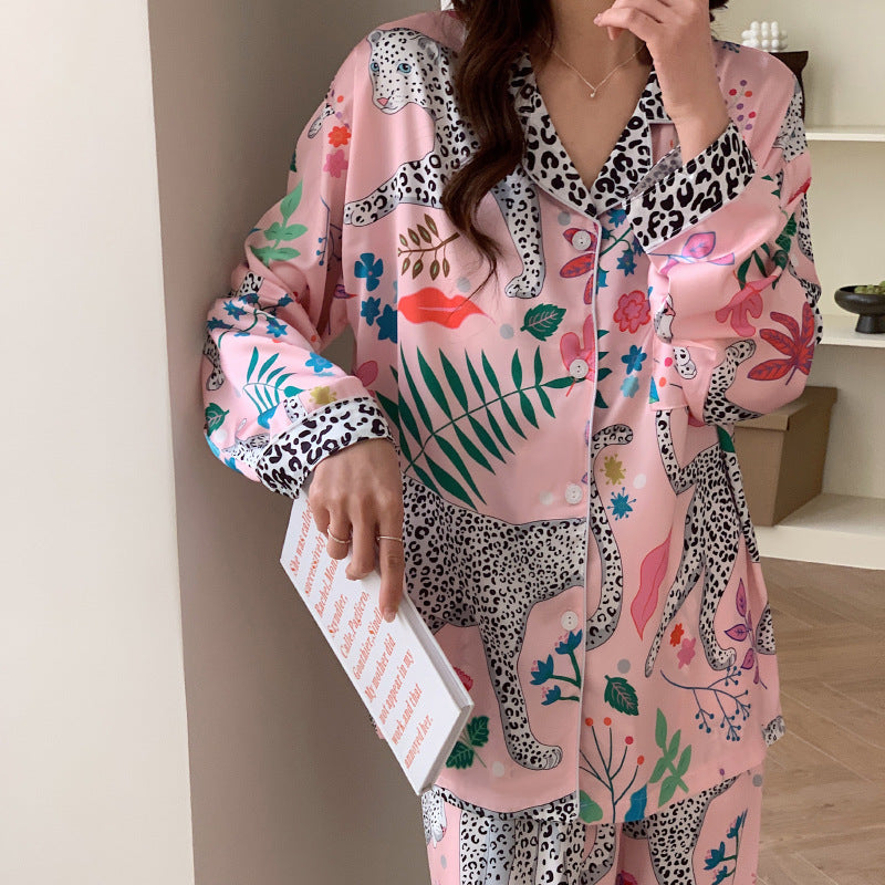 Women's Fashionable Leopard Print Comfort Ice Silk Long-sleeved Trousers