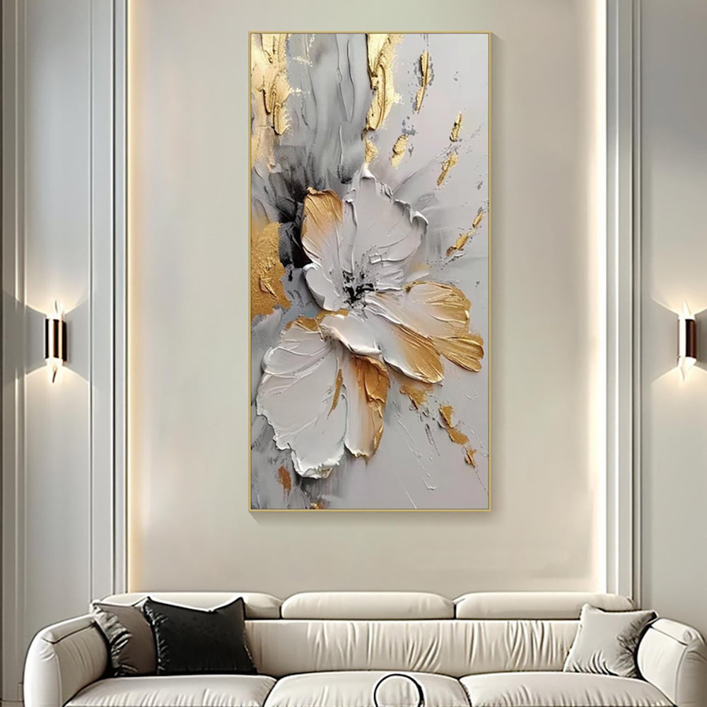 Handmade Oil Painting Canvas Wall Art Decoration Modern Abstract Rich Golden-White Floral For Home Living Room Decor Rolled Frameless Unstretched Painting