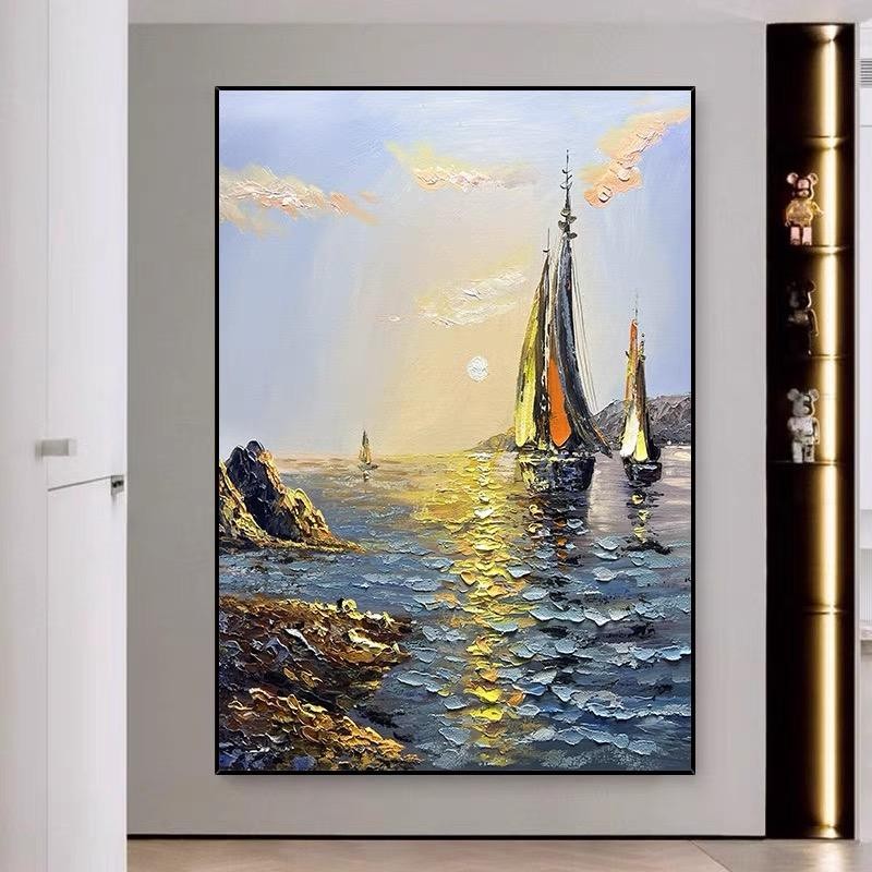 Sea Boat Handmade Painting Artwork Oil Paintings Living Room Canvas Modern Pictures Landscape Wall Art Home Living Room Decor No Framed