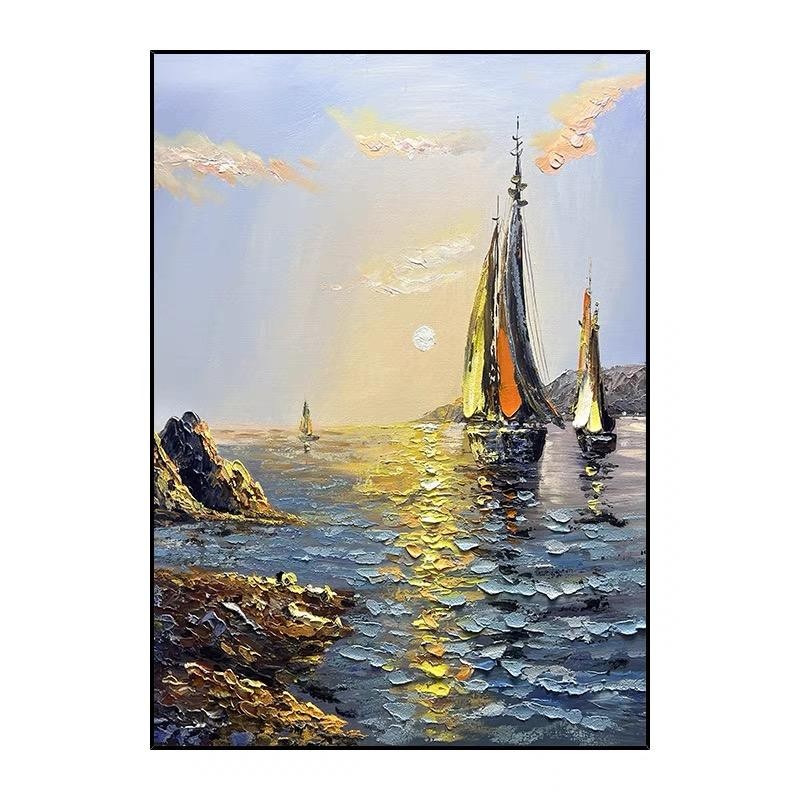 Sea Boat Handmade Painting Artwork Oil Paintings Living Room Canvas Modern Pictures Landscape Wall Art Home Living Room Decor No Framed
