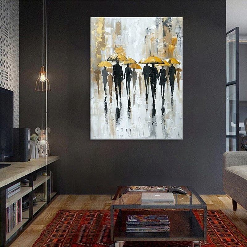 Hand-Painted Oil Paintings On Canvas Abstract Rain Street Pedestrian Painting Wall Picture For Living Room Home Decor Art No Framed