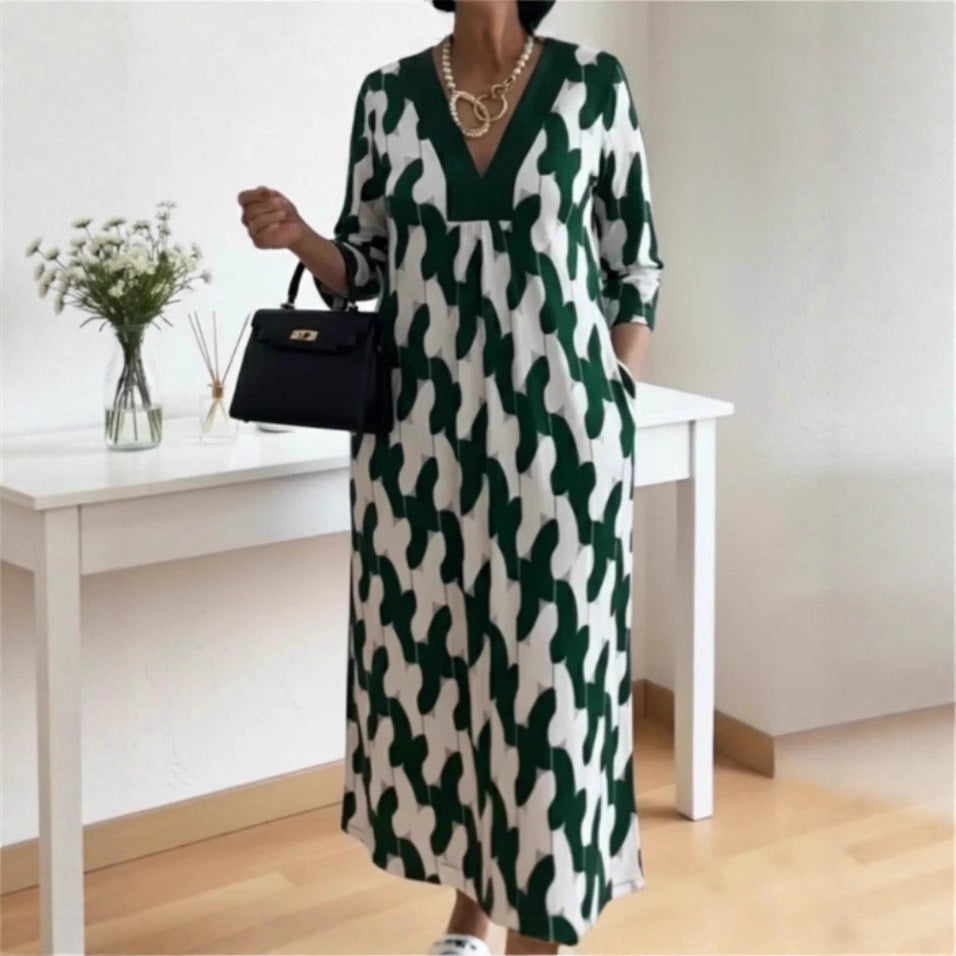 Womens V-neck Printed Dress Loose Fit For Comfort And Ease