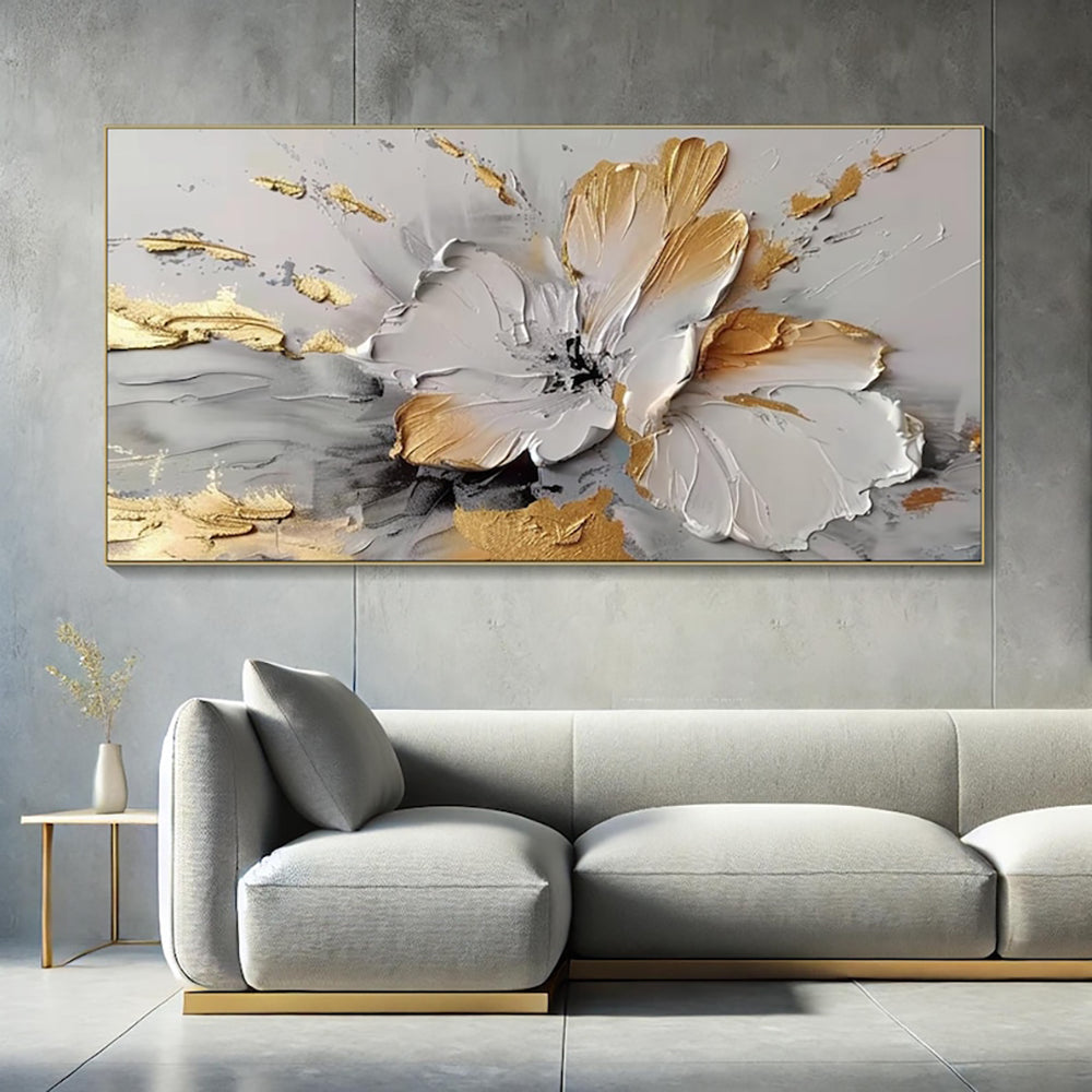 Handmade Oil Painting Canvas Wall Art Decoration Modern Abstract Rich Golden-White Floral For Home Living Room Decor Rolled Frameless Unstretched Painting