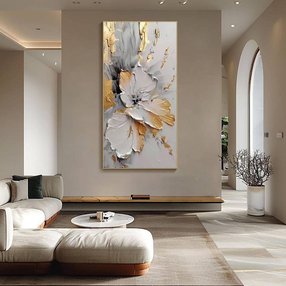 Handmade Oil Painting Canvas Wall Art Decoration Modern Abstract Rich Golden-White Floral For Home Living Room Decor Rolled Frameless Unstretched Painting