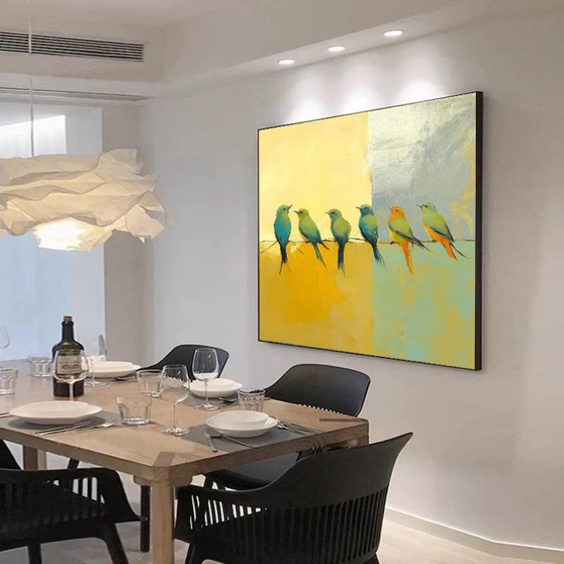 Hand-painted Abstract Oil Paintings Birds On A Silver Yellow Background  Modern Minimalist Animal Wall Art In The Living Room Entryway Decor