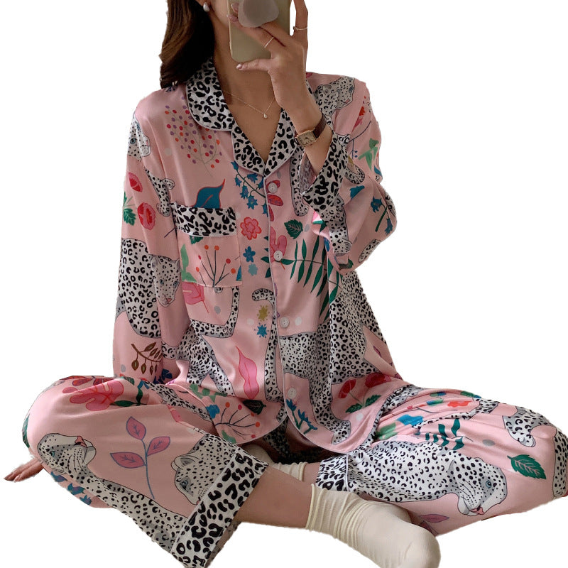 Women's Fashionable Leopard Print Comfort Ice Silk Long-sleeved Trousers