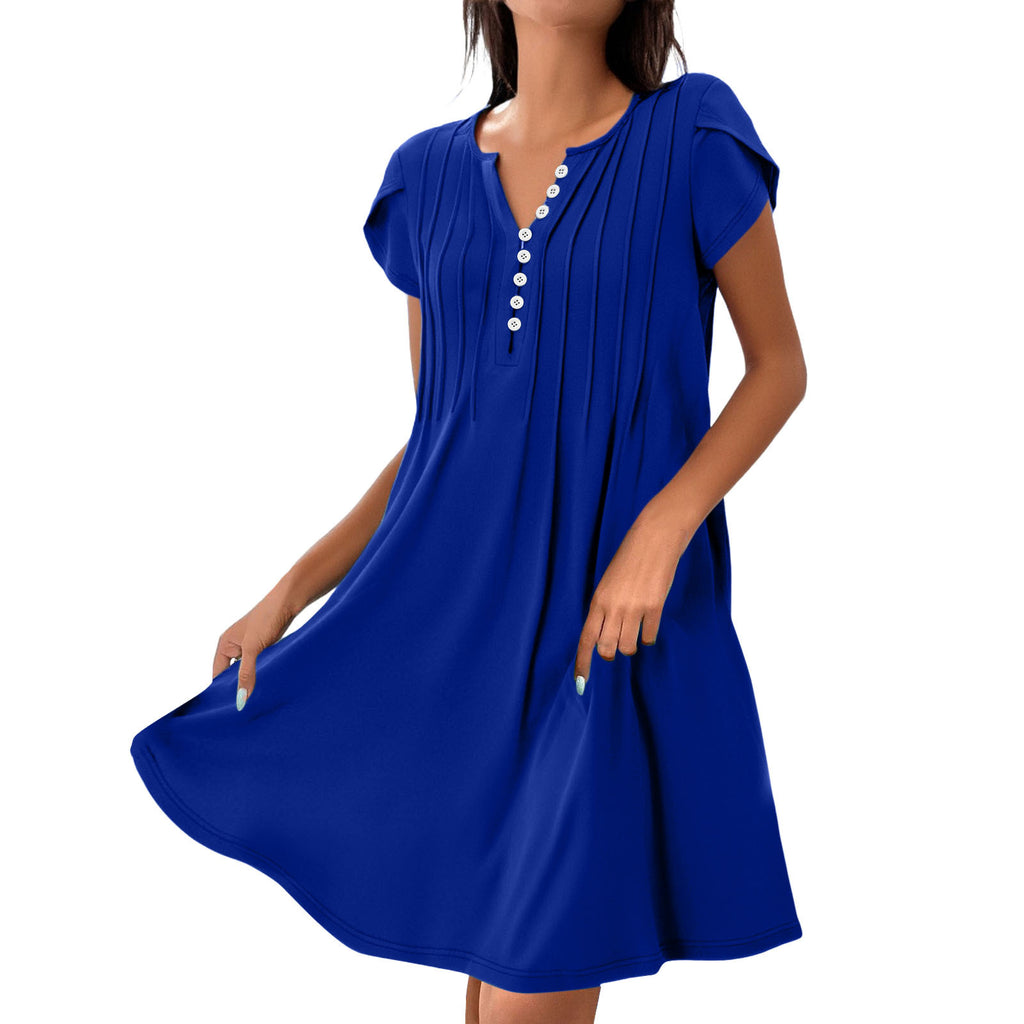 V-neck Solid Color Pullover Comfort And Casual Button Dress
