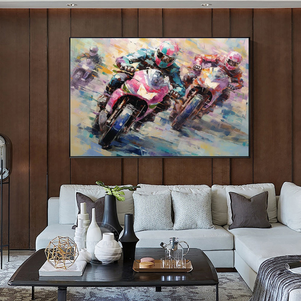 Handmade Oil Painting Canvas Wall Art Decoration Motorcycle Biker Sports Picture For Boy Girl Club Decoration Gifts Decor No Framed