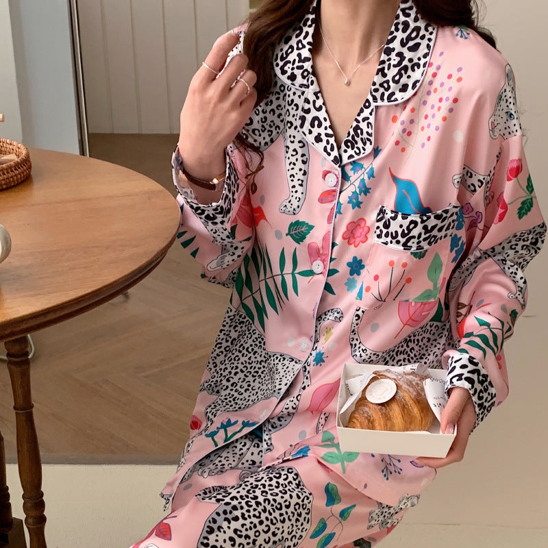 Women's Fashionable Leopard Print Comfort Ice Silk Long-sleeved Trousers