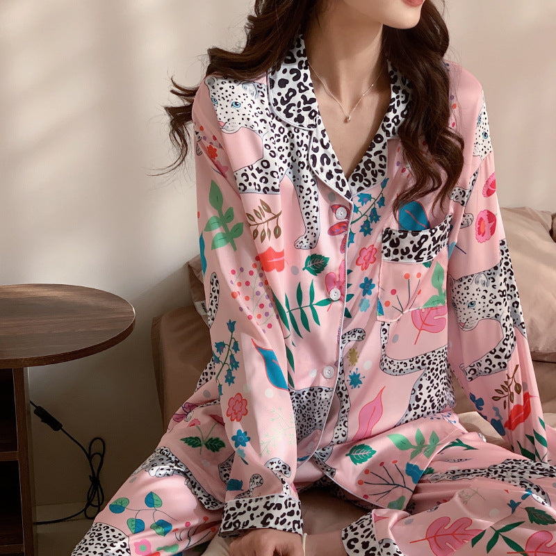 Women's Fashionable Leopard Print Comfort Ice Silk Long-sleeved Trousers